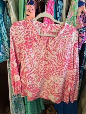 Lilly Pulitzer Elsa Silk Pink+White Blouse